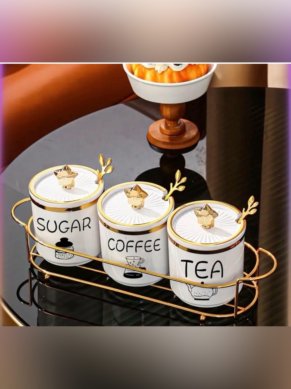 White & Gold Coffee, Tea, Sugar Canister Set - Elegant Kitchen Storage
